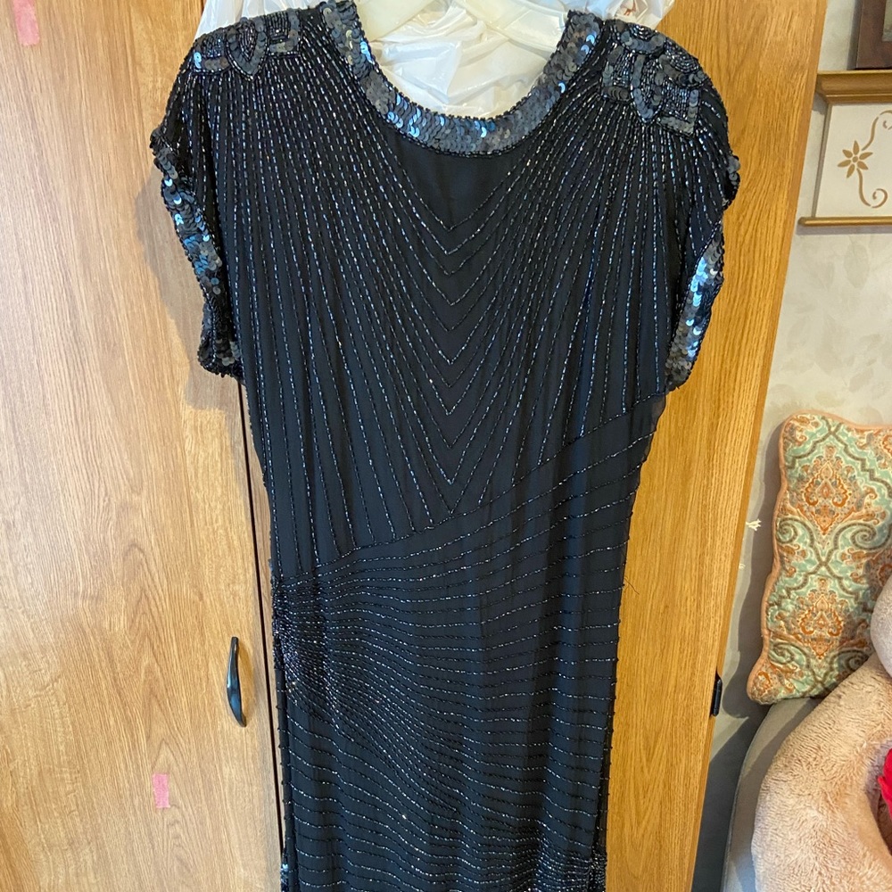 Black beaded evening or party dress hardly worn, open back with zipper